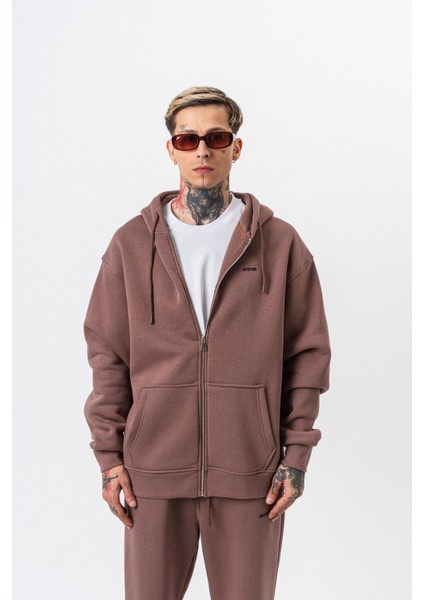 Erkek Respire Yazı Detaylı Kapüşonlu Basic Zip Oversize Hoodie Kakao