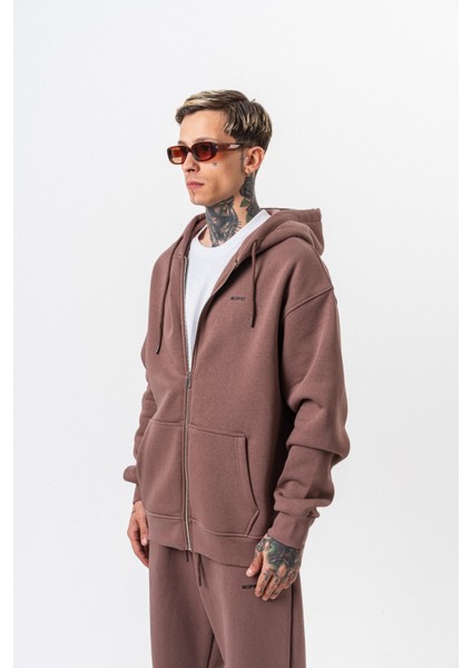 Erkek Respire Yazı Detaylı Kapüşonlu Basic Zip Oversize Hoodie Kakao fiyatları