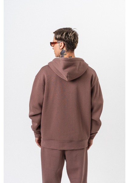 Erkek Respire Yazı Detaylı Kapüşonlu Basic Zip Oversize Hoodie Kakao modelleri