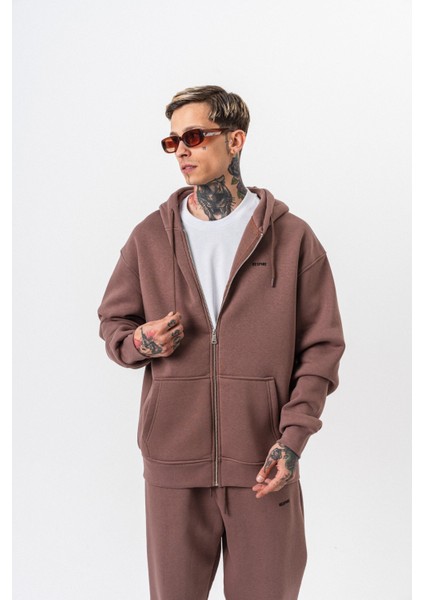 Erkek Respire Yazı Detaylı Kapüşonlu Basic Zip Oversize Hoodie Kakao fırsatları