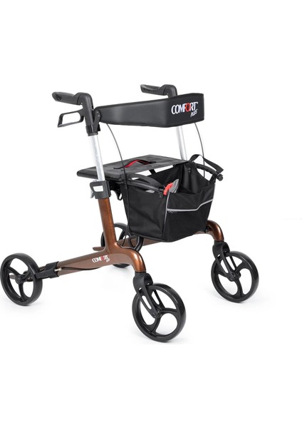 Rolatör Yürüteç Kahverengi | Carbon Fiber Şase, 8” Tekerlekli, Katlanabilir Hafif Yapı, Oturaklı ve Sepetli Model, Spirit-X4