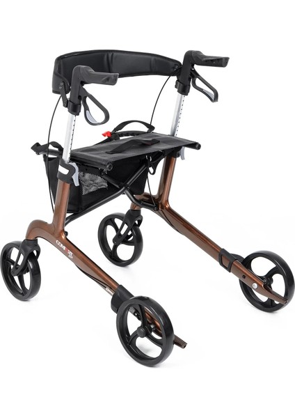 Rolatör Yürüteç Kahverengi | Carbon Fiber Şase, 8” Tekerlekli, Katlanabilir Hafif Yapı, Oturaklı ve Sepetli Model, Spirit-X4 modelleri