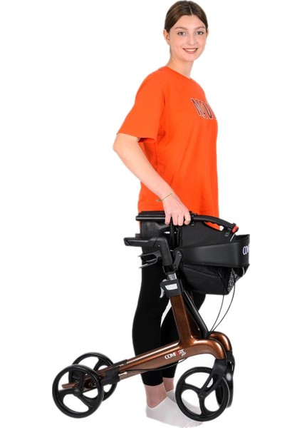 Rolatör Yürüteç Kahverengi | Carbon Fiber Şase, 8” Tekerlekli, Katlanabilir Hafif Yapı, Oturaklı ve Sepetli Model, Spirit-X4