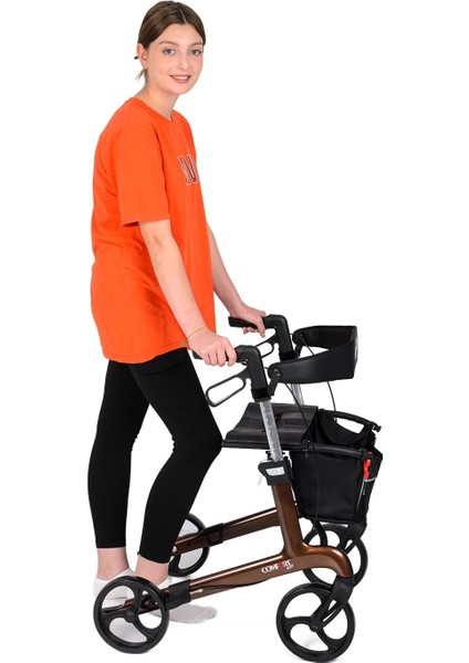 Rolatör Yürüteç Kahverengi | Carbon Fiber Şase, 8” Tekerlekli, Katlanabilir Hafif Yapı, Oturaklı ve Sepetli Model, Spirit-X4