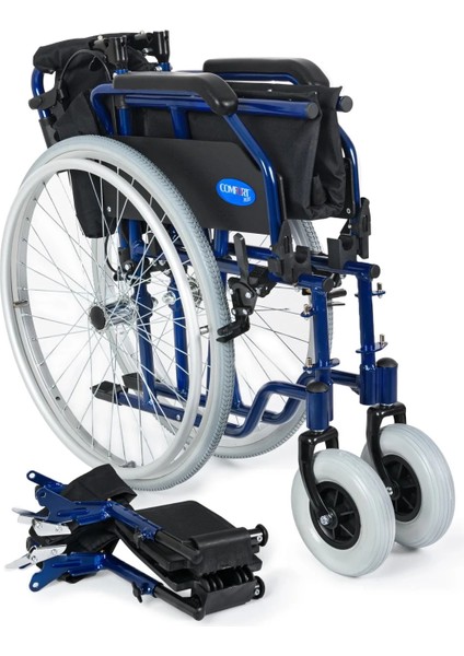 Tekerlekli Sandalye Lacivert | 45 cm Oturma Genişliği, Alüminyum Gövde, Refakatçi Frenli, Sırt Kırılmalı DM-321