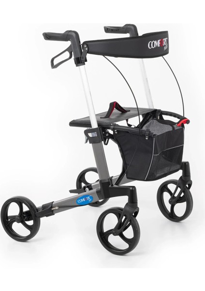 Rolatör Yürüteç Gri | Alüminyum Şase, Katlanabilir 8” Frenli Tekerlekli, Oturaklı ve Sepetli Lux Model, Spirit-X3
