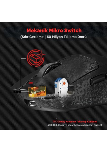 AJ199 Karbon Fiber 3 Modlu Ultra Hafif 24.000 Dpı, Oyuncu Mouse PAW3311 SENSÖR-500 Mah Batarya