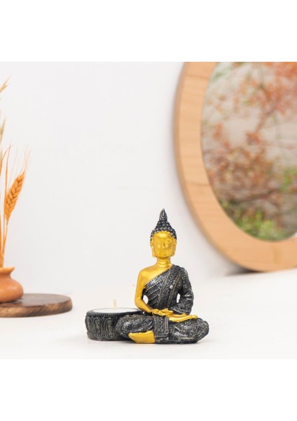 Buddha Temalı Gold Siyah Tealight Mumluk