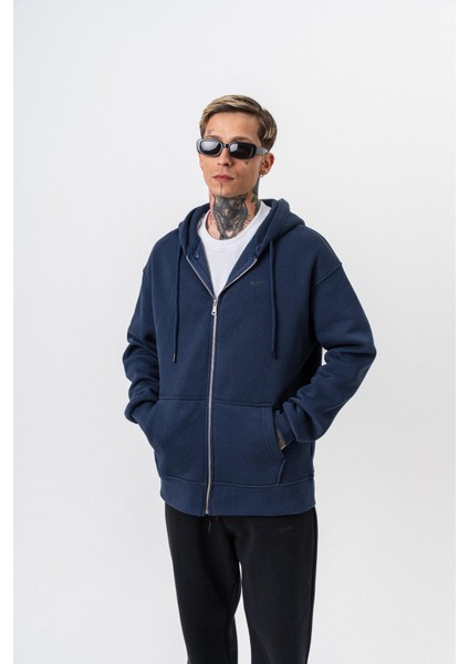 Erkek Respire Yazı Detaylı Kapüşonlu Basic Zip Oversize Hoodie Lacivert