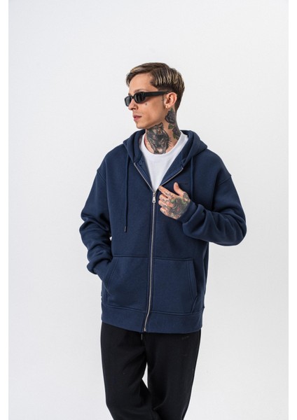 Erkek Respire Yazı Detaylı Kapüşonlu Basic Zip Oversize Hoodie Lacivert fiyatları