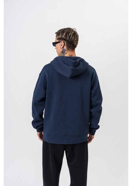Erkek Respire Yazı Detaylı Kapüşonlu Basic Zip Oversize Hoodie Lacivert modelleri