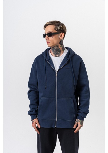 Erkek Respire Yazı Detaylı Kapüşonlu Basic Zip Oversize Hoodie Lacivert fırsatları