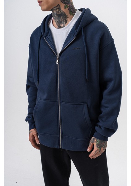 Erkek Respire Yazı Detaylı Kapüşonlu Basic Zip Oversize Hoodie Lacivert indirimleri
