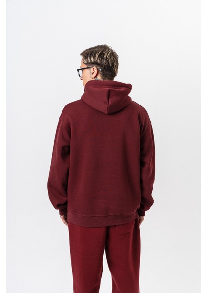 Erkek Respire Yazı Detaylı Kapüşonlu Basic Oversize Hoodie Bordo modelleri