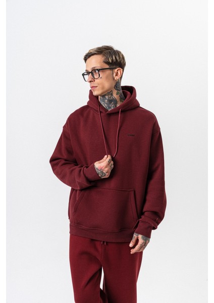Erkek Respire Yazı Detaylı Kapüşonlu Basic Oversize Hoodie Bordo fırsatları