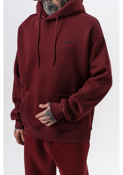 Erkek Respire Yazı Detaylı Kapüşonlu Basic Oversize Hoodie Bordo indirimleri