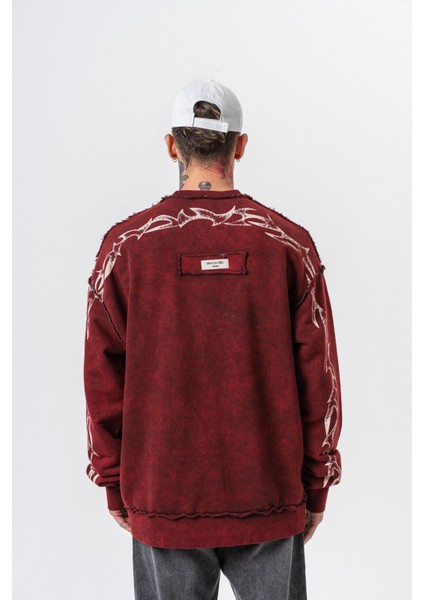 Erkek Origin Baskılı Yıkamalı Bisiklet Yaka Oversize Sweatshirt Bordo