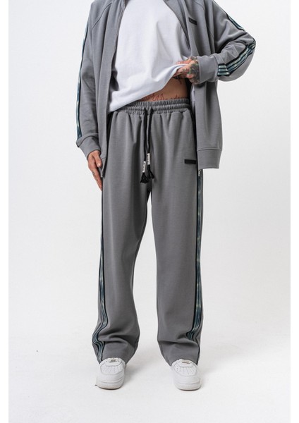 Erkek Dark Striped Şerit Detaylı Kışlık Doubleface Baggy Eşofman Altı Füme fiyatları