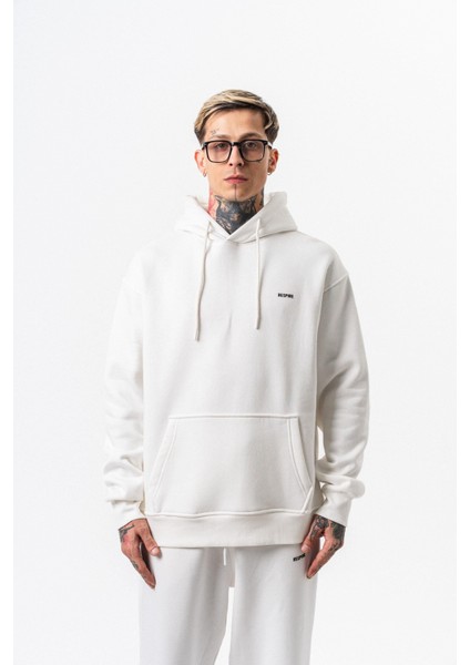 Erkek Respire Yazı Detaylı Kapüşonlu Basic Oversize Hoodie Ekru