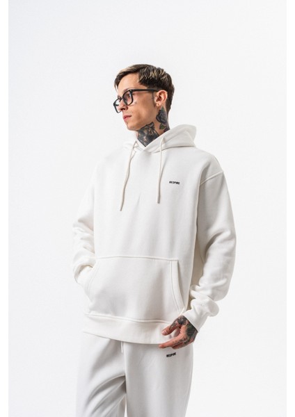 Erkek Respire Yazı Detaylı Kapüşonlu Basic Oversize Hoodie Ekru fırsatları