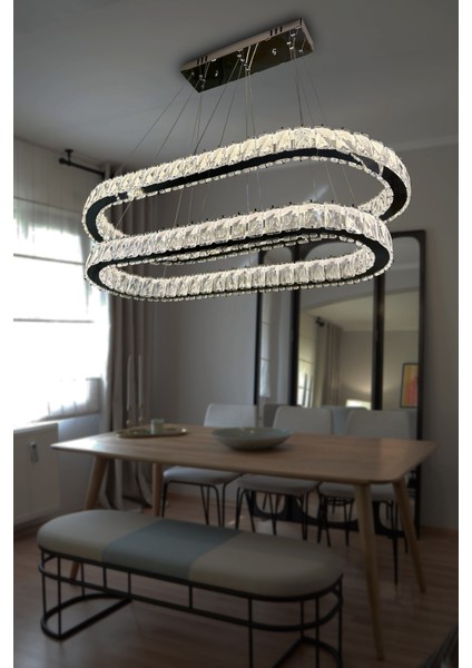 2 Katlı Yemek Masası Üstü Taşlı Modern Avize