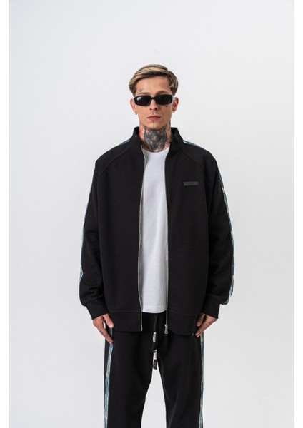 Erkek Dark Striped Şerit Detaylı Dik Yaka Doubleface Zip Oversize Sweatshirt Siyah