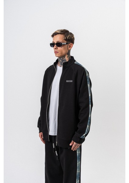 Erkek Dark Striped Şerit Detaylı Dik Yaka Doubleface Zip Oversize Sweatshirt Siyah fiyatları