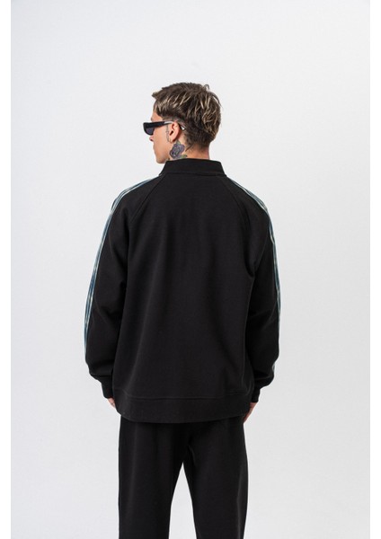 Erkek Dark Striped Şerit Detaylı Dik Yaka Doubleface Zip Oversize Sweatshirt Siyah modelleri