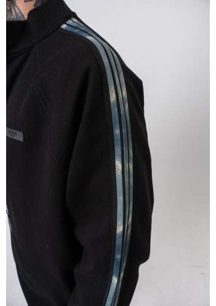 Erkek Dark Striped Şerit Detaylı Dik Yaka Doubleface Zip Oversize Sweatshirt Siyah fırsatları