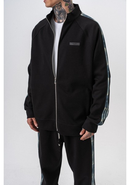 Erkek Dark Striped Şerit Detaylı Dik Yaka Doubleface Zip Oversize Sweatshirt Siyah indirimleri