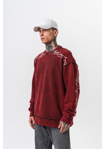 Erkek Origin Baskılı Yıkamalı Bisiklet Yaka Oversize Sweatshirt Bordo modelleri
