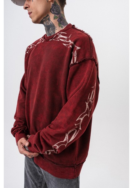 Erkek Origin Baskılı Yıkamalı Bisiklet Yaka Oversize Sweatshirt Bordo fırsatları