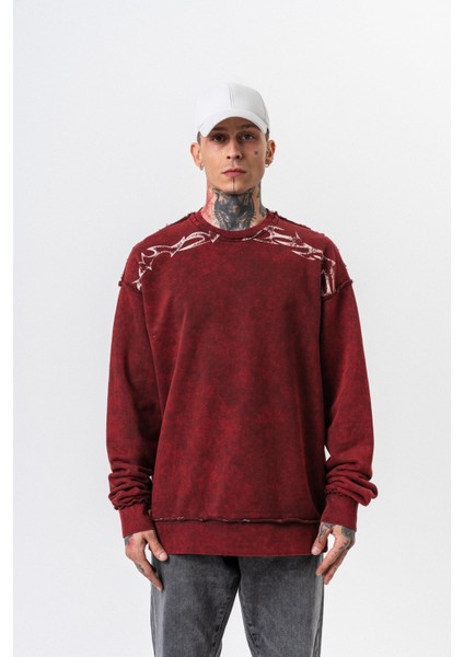 Erkek Origin Baskılı Yıkamalı Bisiklet Yaka Oversize Sweatshirt Bordo fiyatları