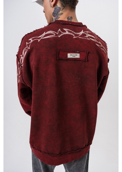 Erkek Origin Baskılı Yıkamalı Bisiklet Yaka Oversize Sweatshirt Bordo indirimleri