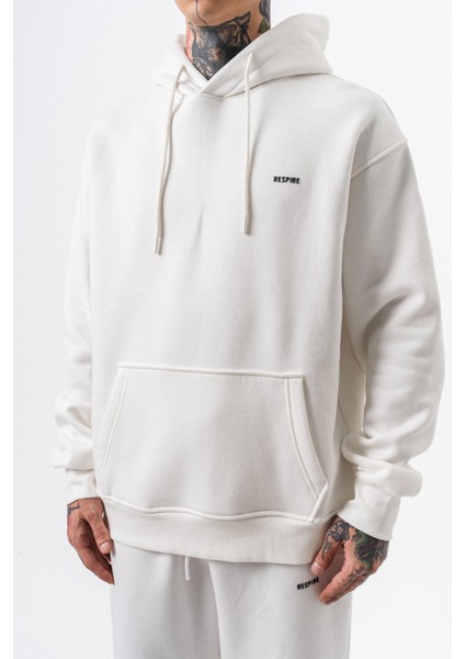 Erkek Respire Yazı Detaylı Kapüşonlu Basic Oversize Hoodie Ekru indirimleri