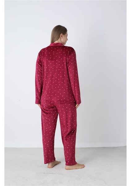 Battal Estiva Puantiyeli Önden Düğmeli Kadife Bayan Pijama Takım fiyatları