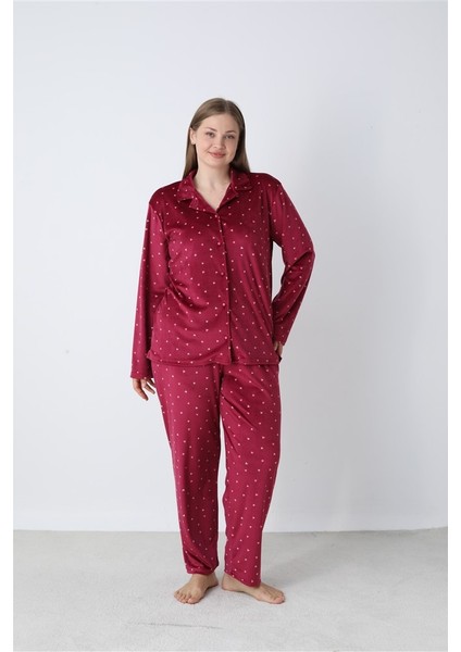 Battal Estiva Puantiyeli Önden Düğmeli Kadife Bayan Pijama Takım fırsatları