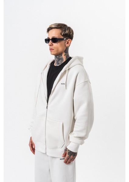 Erkek Respire Yazı Detaylı Kapüşonlu Basic Zip Oversize Hoodie Ekru fiyatları