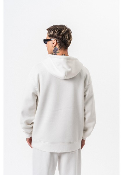 Erkek Respire Yazı Detaylı Kapüşonlu Basic Zip Oversize Hoodie Ekru modelleri