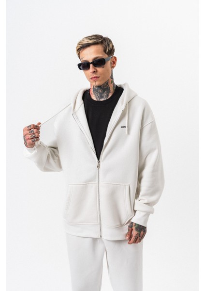 Erkek Respire Yazı Detaylı Kapüşonlu Basic Zip Oversize Hoodie Ekru fırsatları