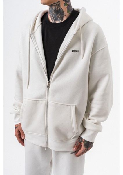 Erkek Respire Yazı Detaylı Kapüşonlu Basic Zip Oversize Hoodie Ekru indirimleri