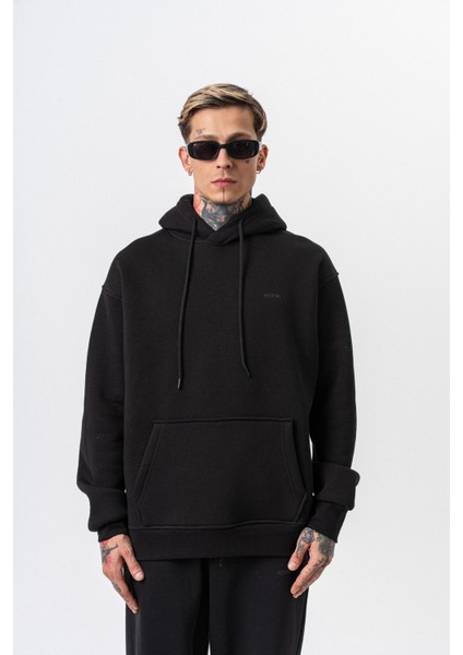 Erkek Respire Yazı Detaylı Kapüşonlu Basic Oversize Hoodie Siyah