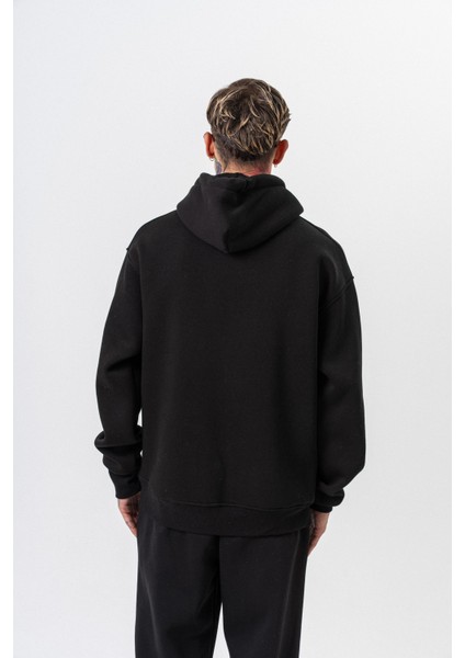 Erkek Respire Yazı Detaylı Kapüşonlu Basic Oversize Hoodie Siyah modelleri
