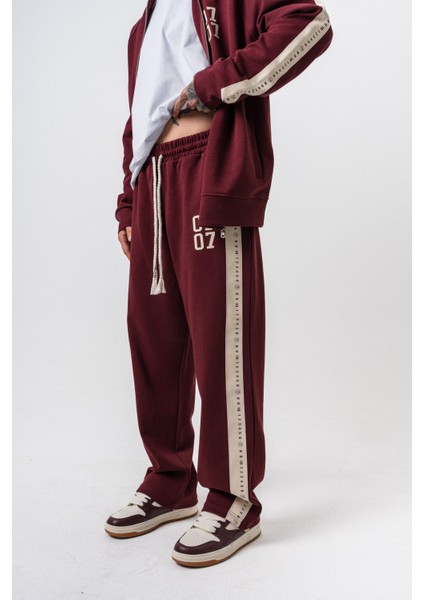 Erkek 7 Şerit Detaylı Kışlık Doubleface Baggy Eşofman Altı Bordo