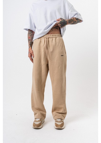 Erkek Respire Yazı Detaylı Basic Baggy Eşofman Altı Bej