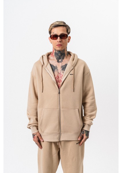 Erkek Respire Yazı Detaylı Kapüşonlu Basic Zip Oversize Hoodie Bej