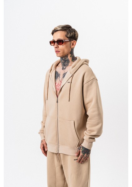 Erkek Respire Yazı Detaylı Kapüşonlu Basic Zip Oversize Hoodie Bej fiyatları