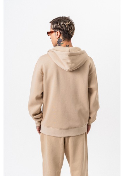 Erkek Respire Yazı Detaylı Kapüşonlu Basic Zip Oversize Hoodie Bej modelleri