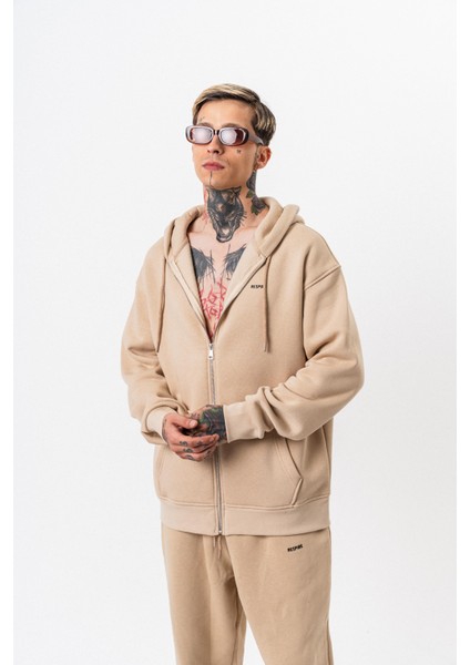 Erkek Respire Yazı Detaylı Kapüşonlu Basic Zip Oversize Hoodie Bej fırsatları