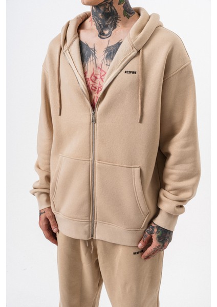 Erkek Respire Yazı Detaylı Kapüşonlu Basic Zip Oversize Hoodie Bej indirimleri